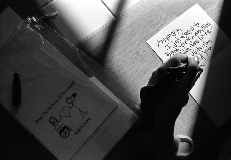 Although Kelly had to use her left hand, she took time to write thank-you notes to everyone who supported the family following the accident.