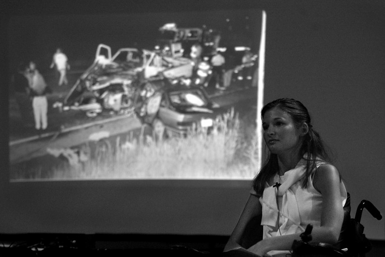 Kelly has given more than 200 speeches since the 1999 accident. During her speeches, she gives a slide show that includes a photo of the crash. "I know this is why God put me in the chair," she said. "This is a blessing."